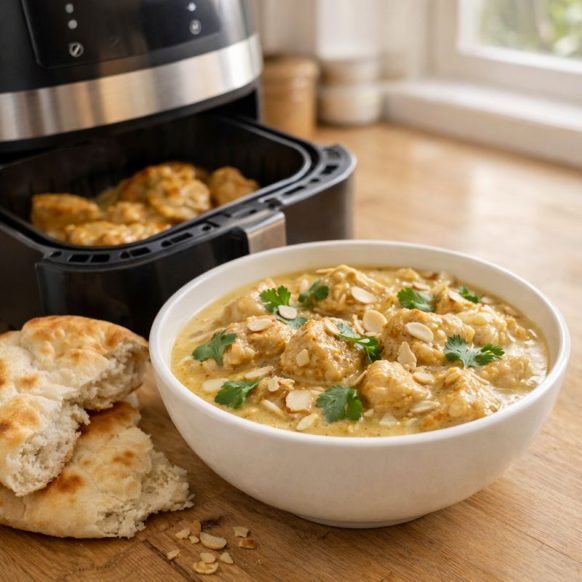 Creamy chicken korma with tender pieces of chicken in golden sauce, garnished with almonds and coriander, served with warm naan bread