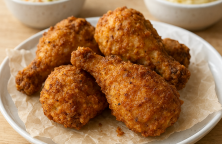 Golden-brown crispy KFC-style air fryer chicken pieces on white plate with crinkled parchment, served with coleslaw and mashed potato, no oil used