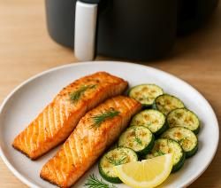 Golden-edged air fryer salmon fillets with tender courgette rounds on white ceramic plate, garnished with lemon wedge and fresh dill