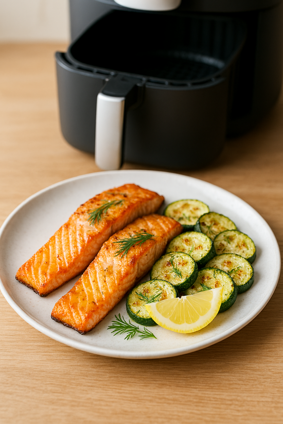Golden-edged air fryer salmon fillets with tender courgette rounds on white ceramic plate, garnished with lemon wedge and fresh dill